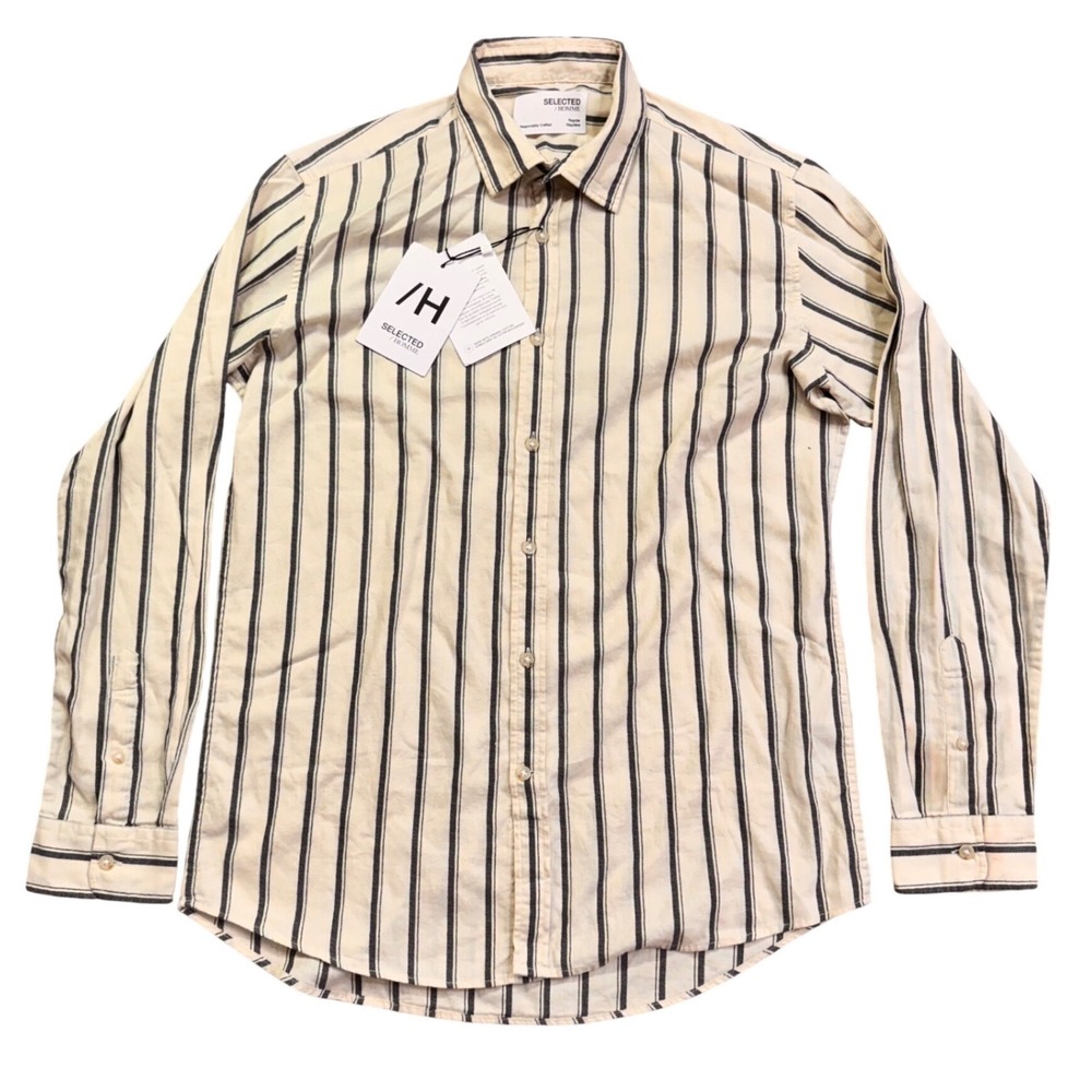 NWT SELECTED HOMME Cream Navy Stripe Crepe Shirt Long Sleeve Regular‎ Fit Mens L